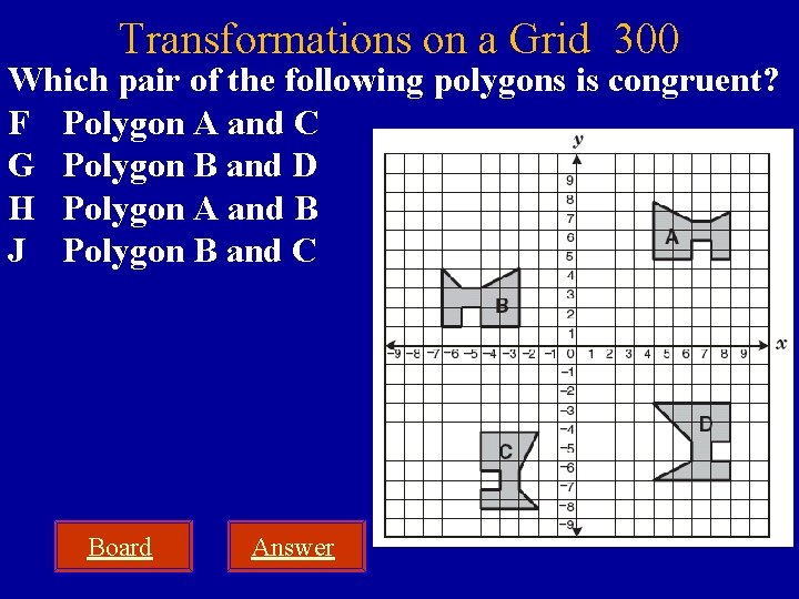 Transformations on a Grid 300 Which pair of the following polygons is congruent? F