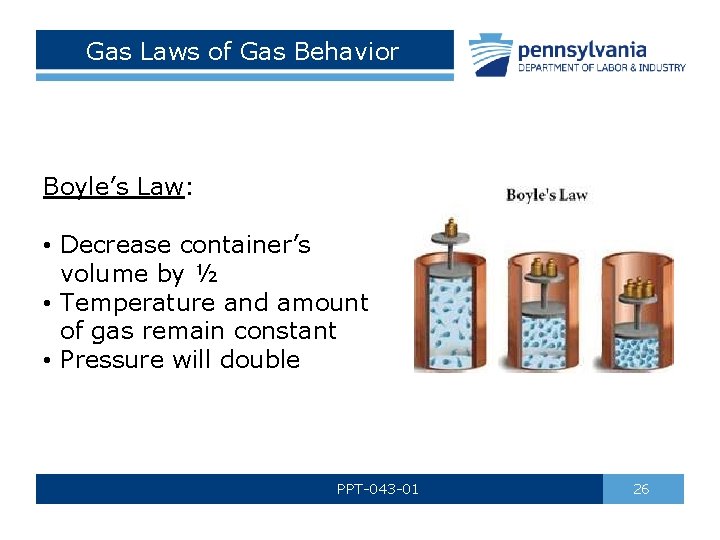 Gas Laws of Gas Behavior Boyle’s Law: • Decrease container’s volume by ½ •