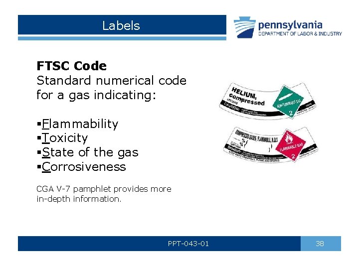 Labels FTSC Code Standard numerical code for a gas indicating: §Flammability §Toxicity §State of