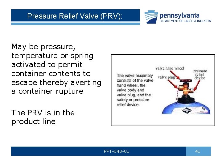 Pressure Relief Valve (PRV): May be pressure, temperature or spring activated to permit container