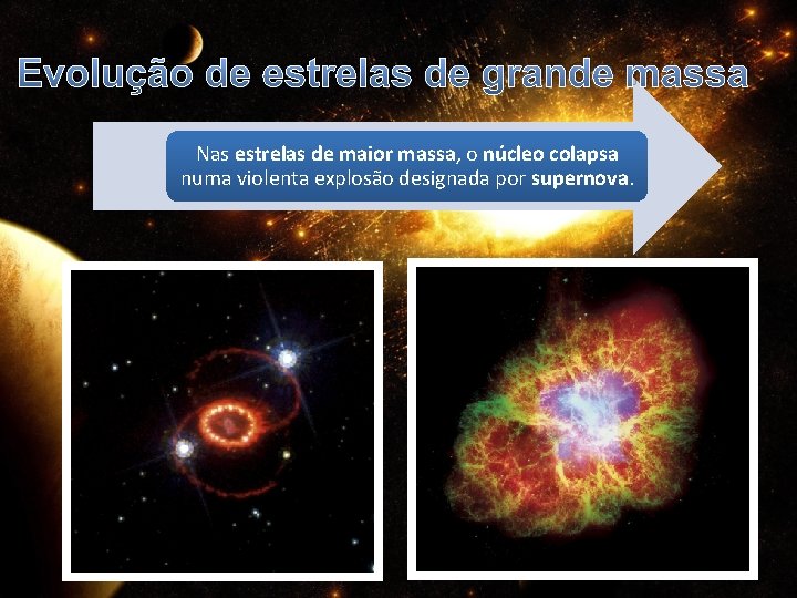 Evolução de estrelas de grande massa Nas estrelas de maior massa, o núcleo colapsa