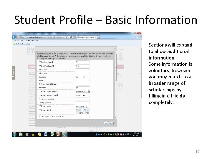 Student Profile – Basic Information Sections will expand to allow additional information. Some information