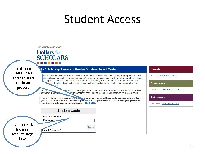 Student Access First time users, “click here” to start the login process If you