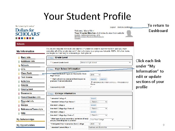 Your Student Profile To return to Dashboard Click each link under “My Information” to