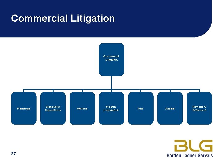 Commercial Litigation Pleadings 27 Discovery/ Depositions Motions Pre-trial preparation Trial Appeal Mediation/ Settlement 