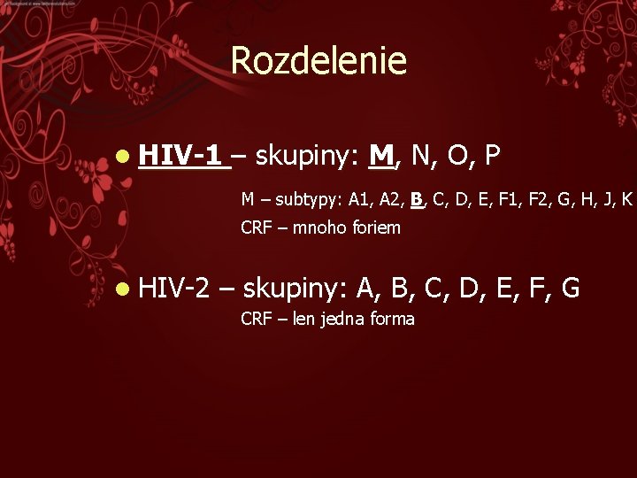 Rozdelenie l HIV-1 – skupiny: M, N, O, P M – subtypy: A 1,