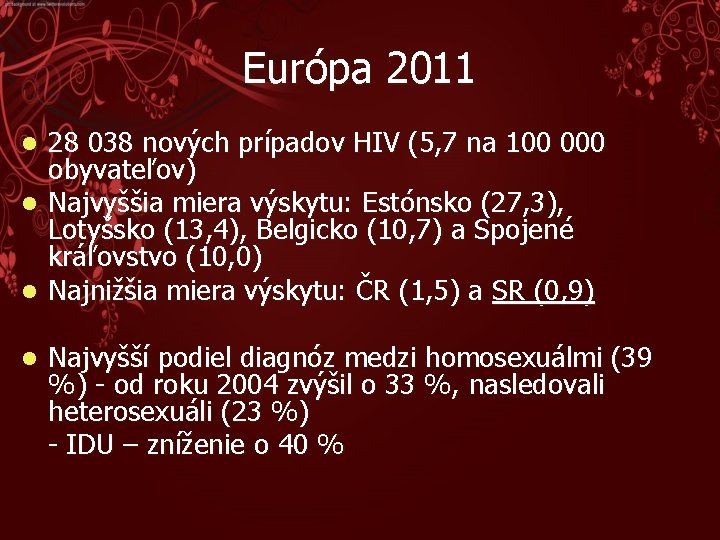Európa 2011 28 038 nových prípadov HIV (5, 7 na 100 000 obyvateľov) l