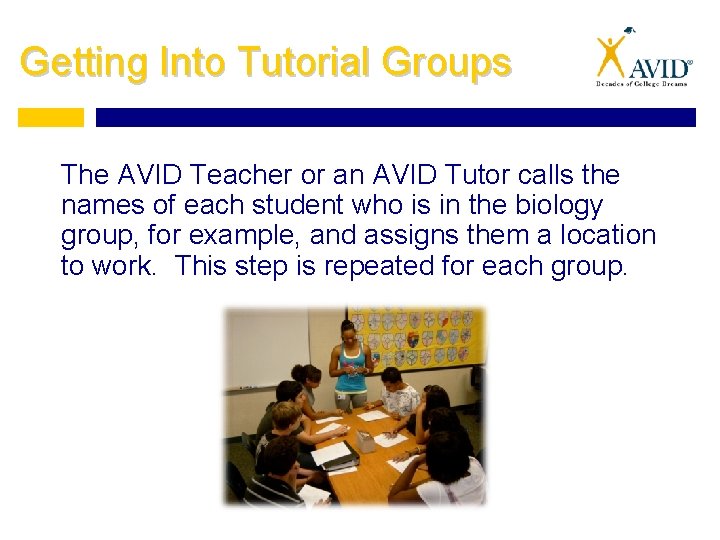 Getting Into Tutorial Groups The AVID Teacher or an AVID Tutor calls the names