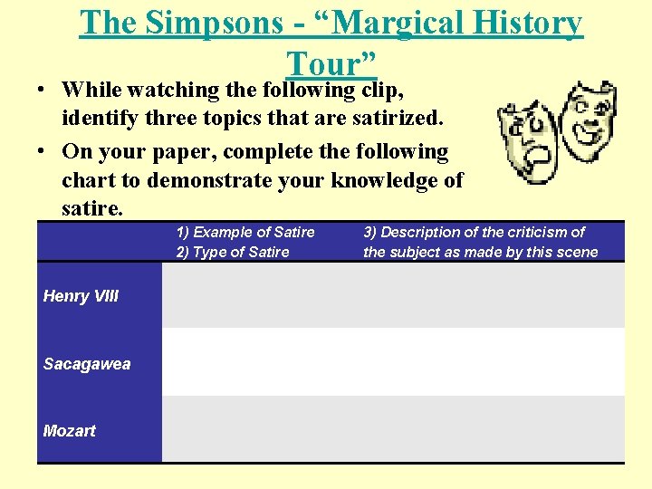 The Simpsons - “Margical History Tour” • While watching the following clip, identify three The Simpsons - “Margical History Tour” • While watching the following clip, identify three