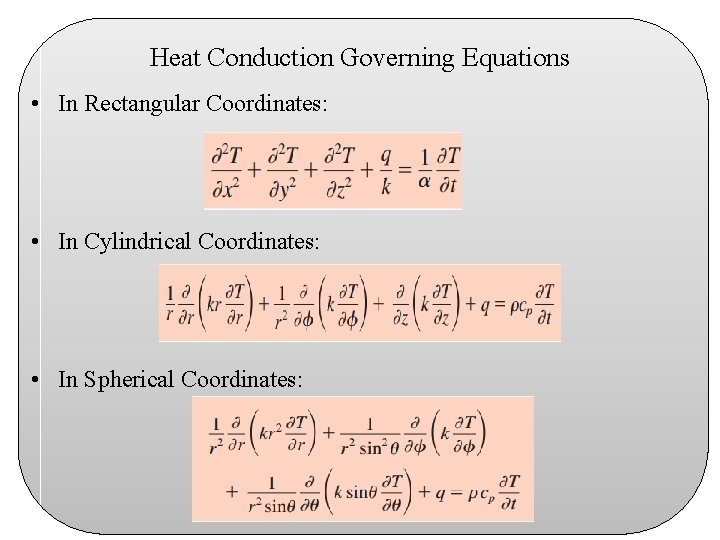 Heat Conduction Governing Equations • In Rectangular Coordinates: • In Cylindrical Coordinates: • In