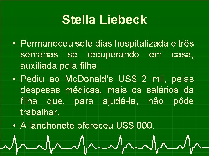 Stella Liebeck • Permaneceu sete dias hospitalizada e três semanas se recuperando em casa,