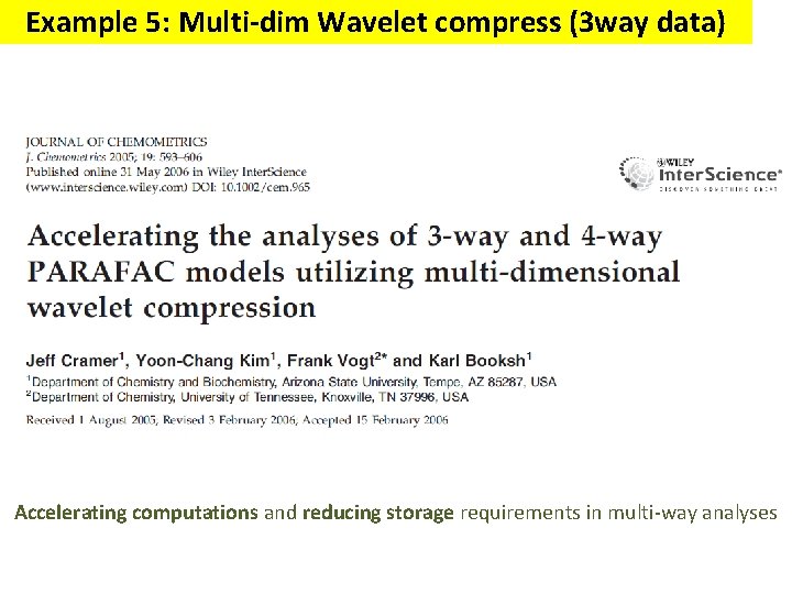 Example 5: Multi-dim Wavelet compress (3 way data) Accelerating computations and reducing storage requirements Example 5: Multi-dim Wavelet compress (3 way data) Accelerating computations and reducing storage requirements