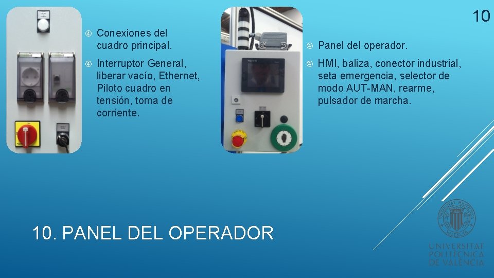 10 Conexiones del cuadro principal. Interruptor General, liberar vacío, Ethernet, Piloto cuadro en tensión,