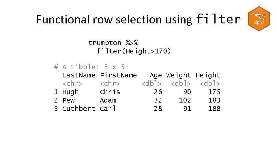 Functional row selection using filter trumpton %>% filter(Height>170) # A tibble: 3 x 5