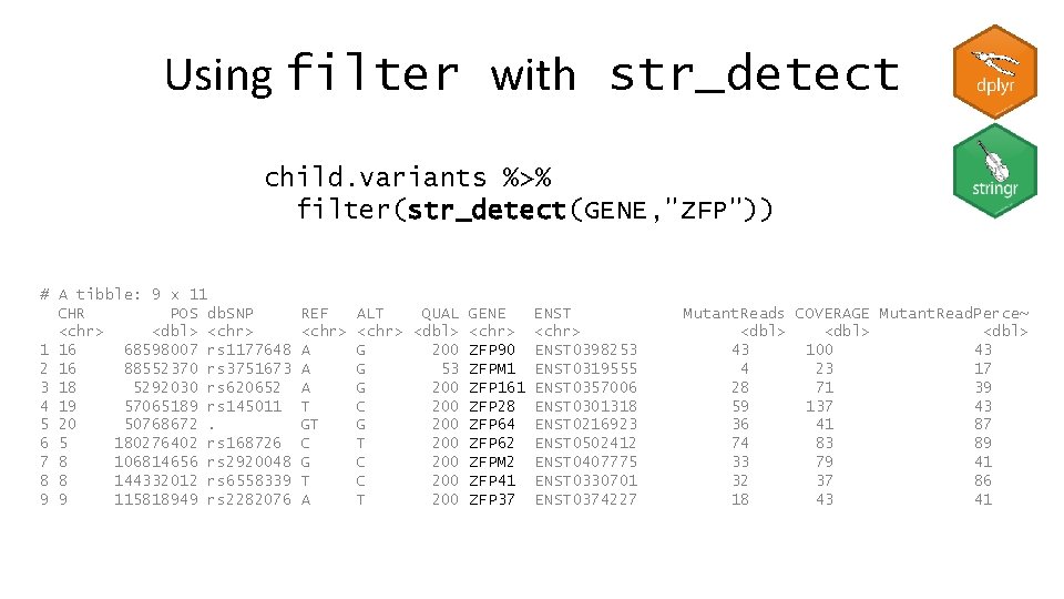 Using filter with str_detect child. variants %>% filter(str_detect(GENE, "ZFP")) # A tibble: 9 x