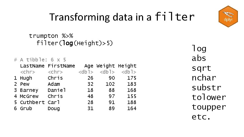 Transforming data in a filter trumpton %>% filter(log(Height)>5) # A tibble: 6 x 5