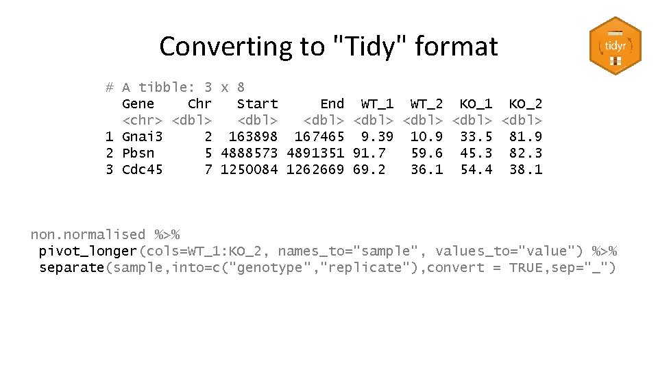 Converting to "Tidy" format # A tibble: 3 x 8 Gene Chr Start End