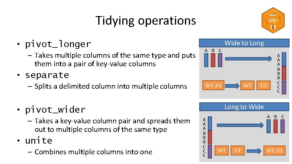 Tidying operations • pivot_longer – Takes multiple columns of the same type and puts