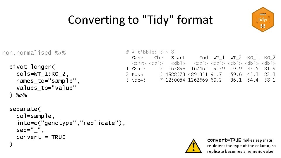 Converting to "Tidy" format non. normalised %>% pivot_longer( cols=WT_1: KO_2, names_to="sample", values_to="value" ) %>%