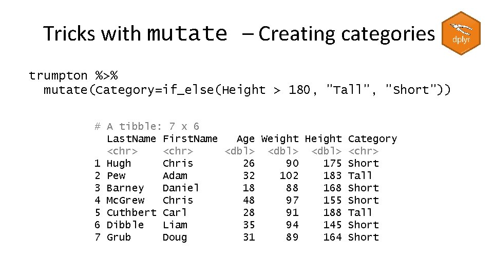 Tricks with mutate – Creating categories trumpton %>% mutate(Category=if_else(Height > 180, "Tall", "Short")) #