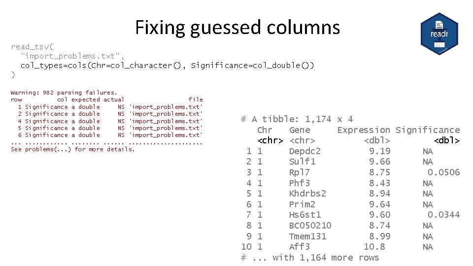 Fixing guessed columns read_tsv( "import_problems. txt", col_types=cols(Chr=col_character(), Significance=col_double()) ) Warning: 982 parsing failures. row