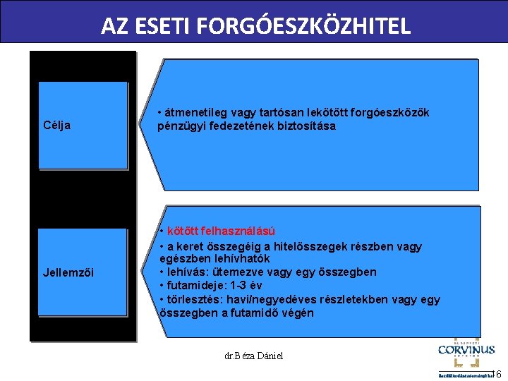 AZ ESETI FORGÓESZKÖZHITEL Célja Jellemzői • átmenetileg vagy tartósan lekötött forgóeszközök pénzügyi fedezetének biztosítása