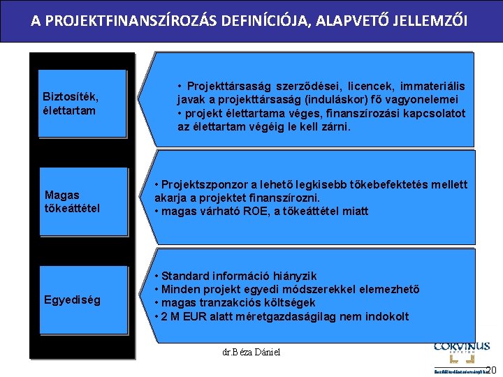 A PROJEKTFINANSZÍROZÁS DEFINÍCIÓJA, ALAPVETŐ JELLEMZŐI Biztosíték, élettartam • Projekttársaság szerződései, licencek, immateriális javak a