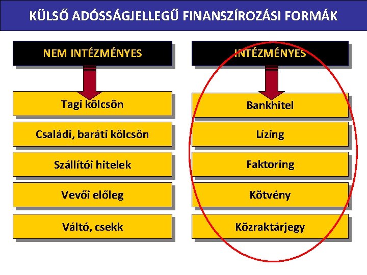 KÜLSŐ ADÓSSÁGJELLEGŰ FINANSZÍROZÁSI FORMÁK NEM INTÉZMÉNYES Tagi kölcsön Bankhitel Családi, baráti kölcsön Lízing Szállítói