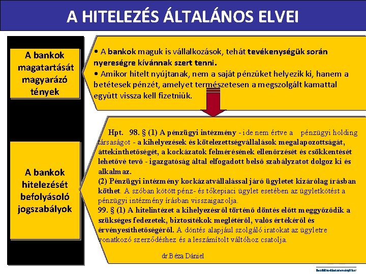 A HITELEZÉS ÁLTALÁNOS ELVEI A bankok magatartását magyarázó tények A bankok hitelezését befolyásoló jogszabályok