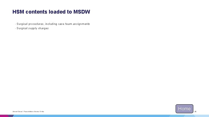 HSM contents loaded to MSDW • Surgical procedures, including case team assignments • Surgical HSM contents loaded to MSDW • Surgical procedures, including case team assignments • Surgical