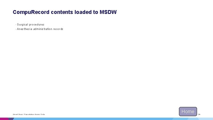 Compu. Record contents loaded to MSDW • Surgical procedures • Anesthesia administration records Mount Compu. Record contents loaded to MSDW • Surgical procedures • Anesthesia administration records Mount
