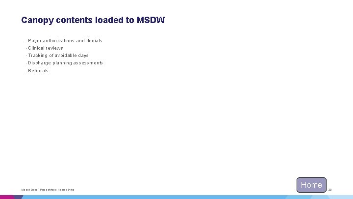 Canopy contents loaded to MSDW • Payor authorizations and denials • Clinical reviews • Canopy contents loaded to MSDW • Payor authorizations and denials • Clinical reviews •