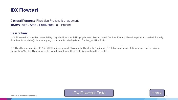 IDX Flowcast General Purpose: Physician Practice Management MSDW Data - Start / End Dates: IDX Flowcast General Purpose: Physician Practice Management MSDW Data - Start / End Dates: