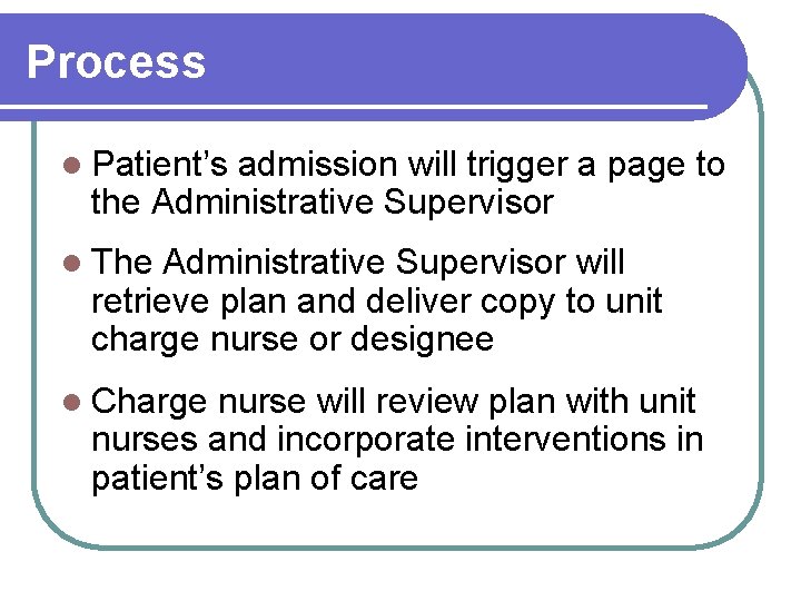 Process l Patient’s admission will trigger a page to the Administrative Supervisor l The