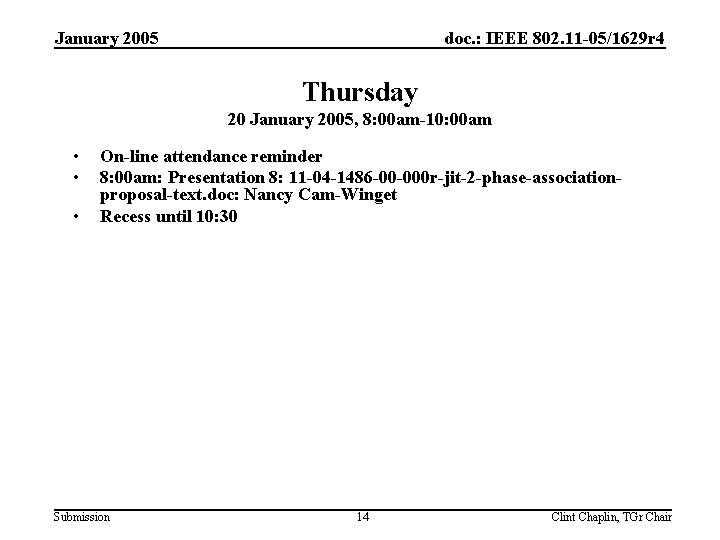 January 2005 doc. : IEEE 802. 11 -05/1629 r 4 Thursday 20 January 2005,