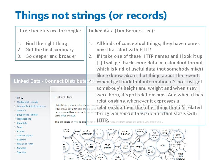 Things not strings (or records) Three benefits acc to Google: Linked data (Tim Berners-Lee):