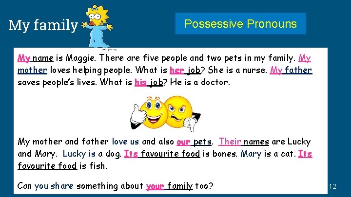 My family Possessive Pronouns My name is Maggie. There are five people and two