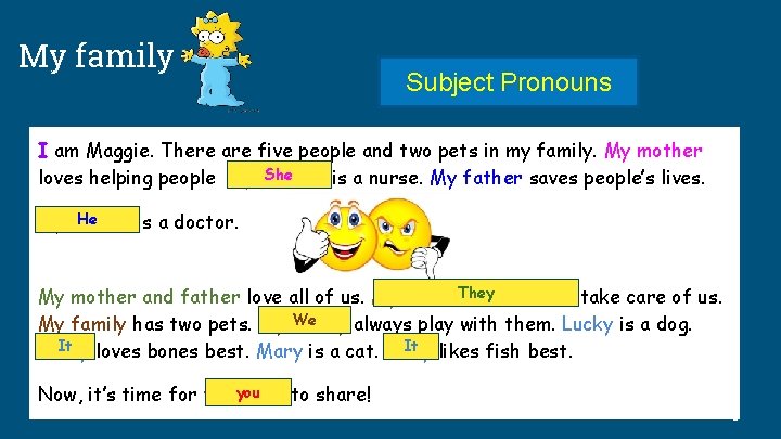 My family Subject Pronouns I am Maggie. There are five people and two pets