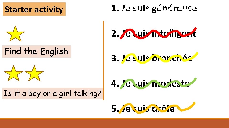 Starter activity 1. Je suis généreuse 2. Je suis intelligent Find the English Is