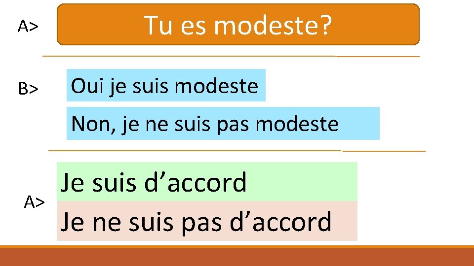 A> B> Tu es modeste? Oui je suis modeste Non, je ne suis pas