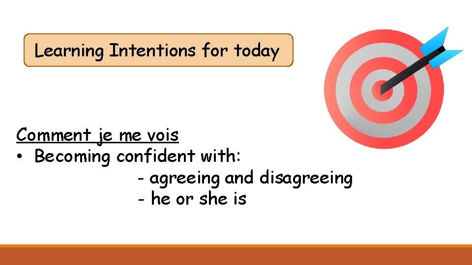 Learning Intentions for today Comment je me vois • Becoming confident with: - agreeing