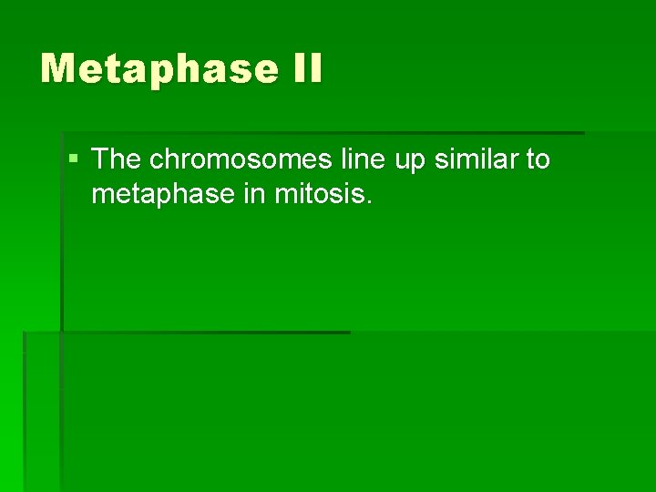 Metaphase II § The chromosomes line up similar to metaphase in mitosis. 