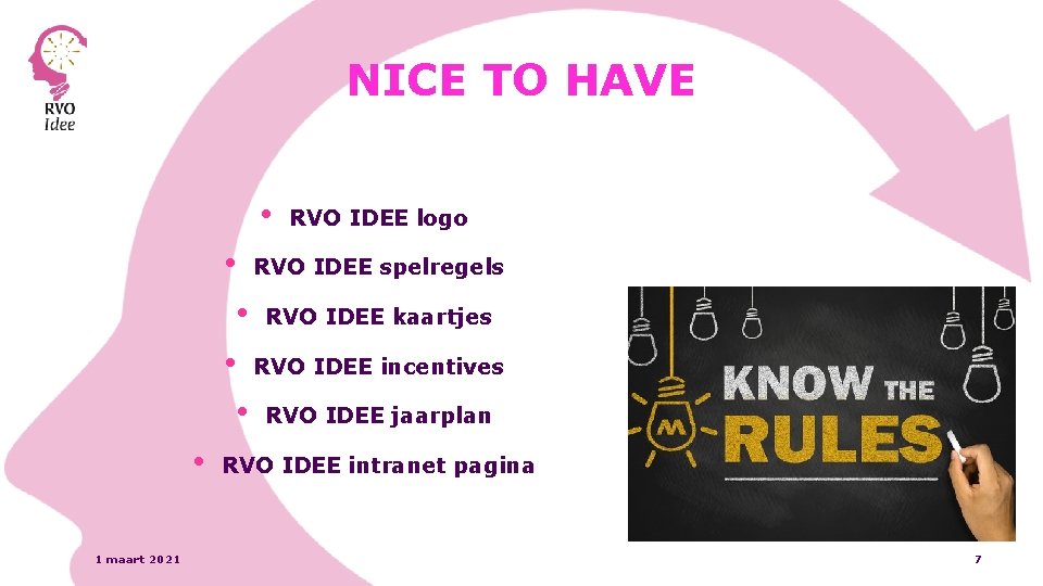 NICE TO HAVE • RVO IDEE logo • RVO IDEE spelregels • RVO IDEE