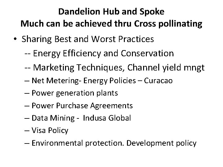 Dandelion Hub and Spoke Much can be achieved thru Cross pollinating • Sharing Best