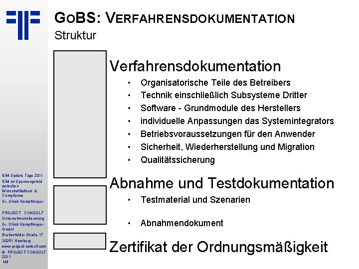 GOBS: VERFAHRENSDOKUMENTATION Struktur Verfahrensdokumentation • • EIM Update Tage 2011 EIM im Spannungsfeld zwischen