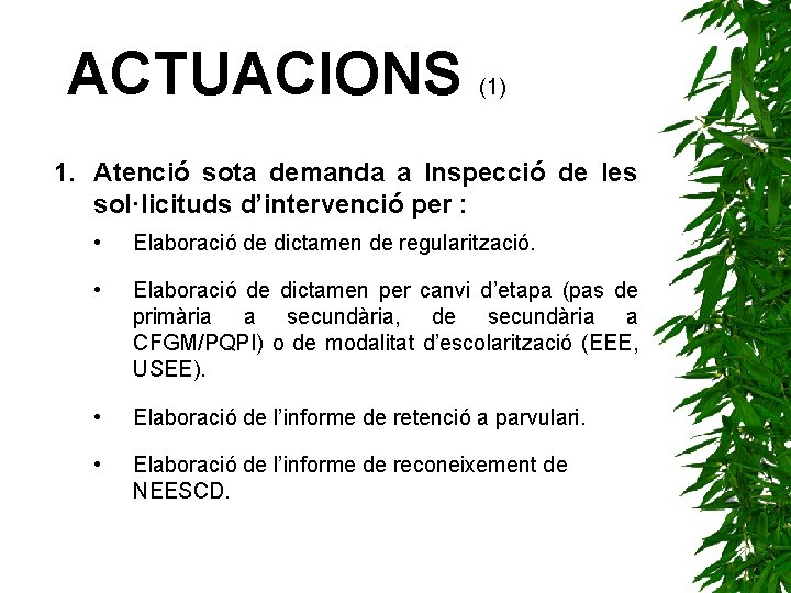 ACTUACIONS (1) 1. Atenció sota demanda a Inspecció de les sol·licituds d’intervenció per :