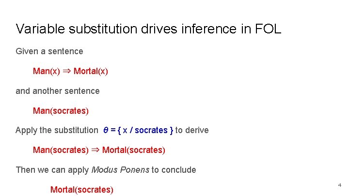 Variable substitution drives inference in FOL Given a sentence Man(x) ⇒ Mortal(x) and another