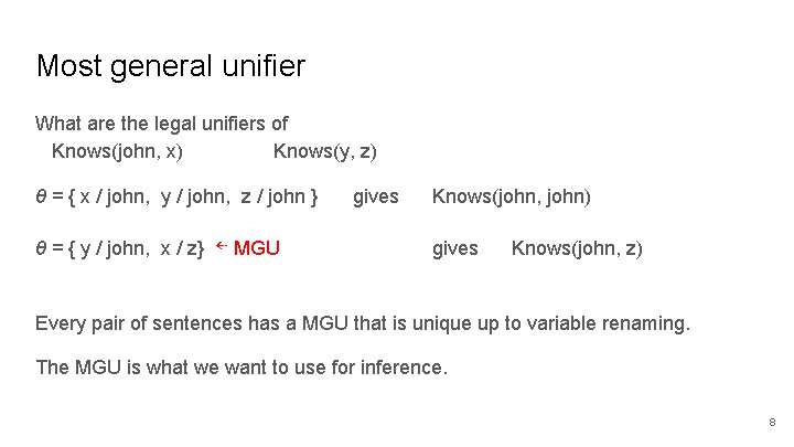 Most general unifier What are the legal unifiers of Knows(john, x) Knows(y, z) θ