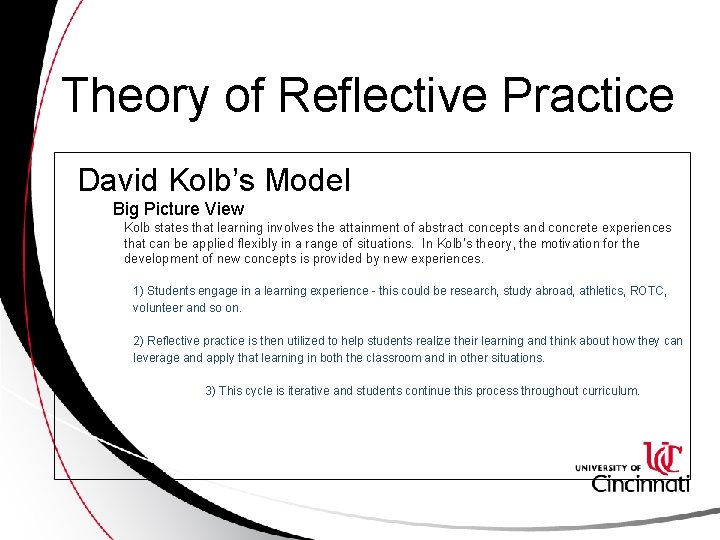Theory of Reflective Practice David Kolb’s Model Big Picture View Kolb states that learning