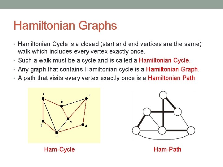 Hamiltonian Graphs • Hamiltonian Cycle is a closed (start and end vertices are the